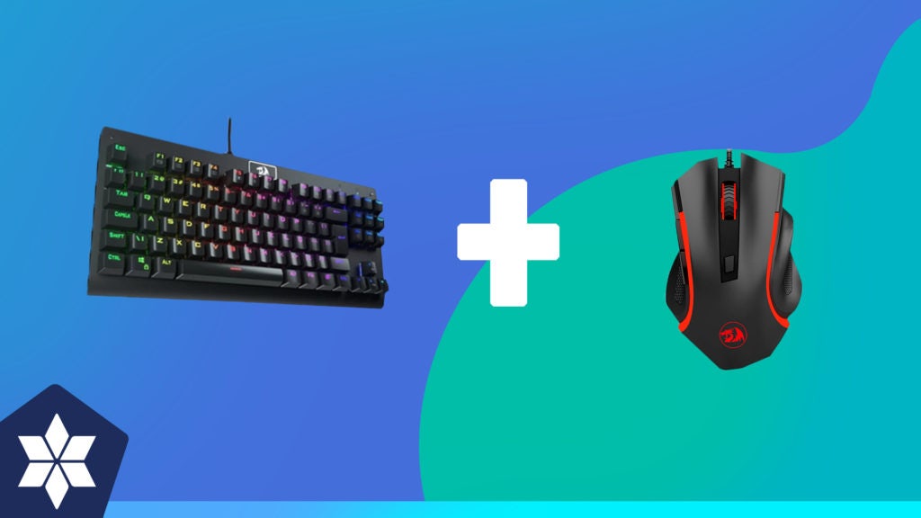 montagem de um teclado preto e um mause gamer em um fundo azul