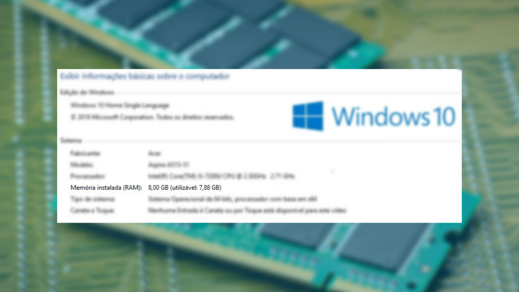 Página do Windows mostrando a memória RAM utilizável