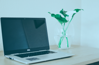 Imagem de um notebook Dell sobre a mesa. Ao fundo, um vaso de flores.