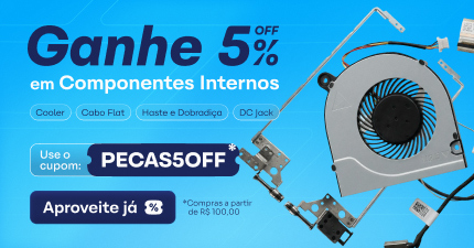 Banner bringIT oferece 5% OFF em componentes internos como cooler, cabo flat e dobradiças para notebook---cp06_fev. Utilize o cupom PECAS5OFF em compras acima de R$ 100 para garantir peças de reposição com desconto