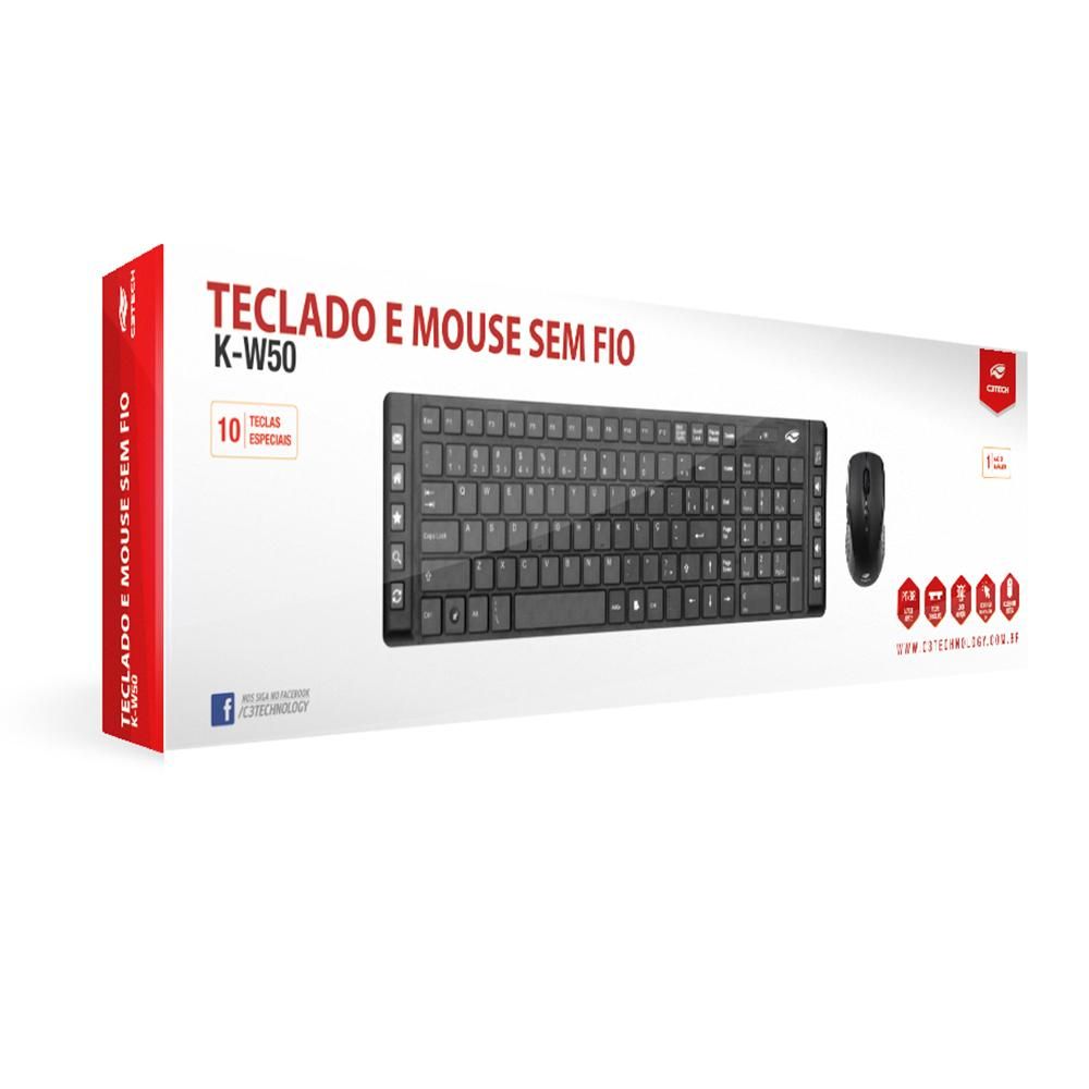 Combo teclado e mouse USB C3TECH Sem Fio Preto - K-W50BK