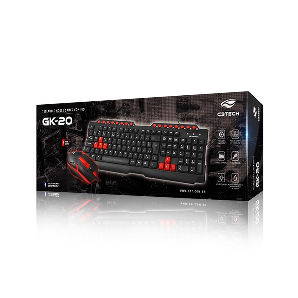 Combo teclado e mouse Gamer USB C3TECH Com Fio Preto - GK-20BK