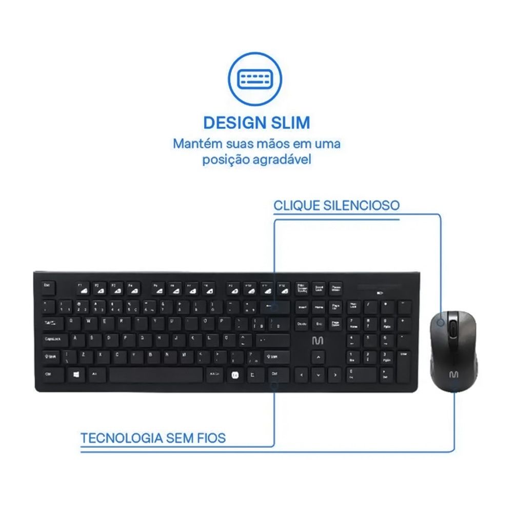 Combo Teclado e Mouse Sem Fio Multilaser Slim USB - TC212