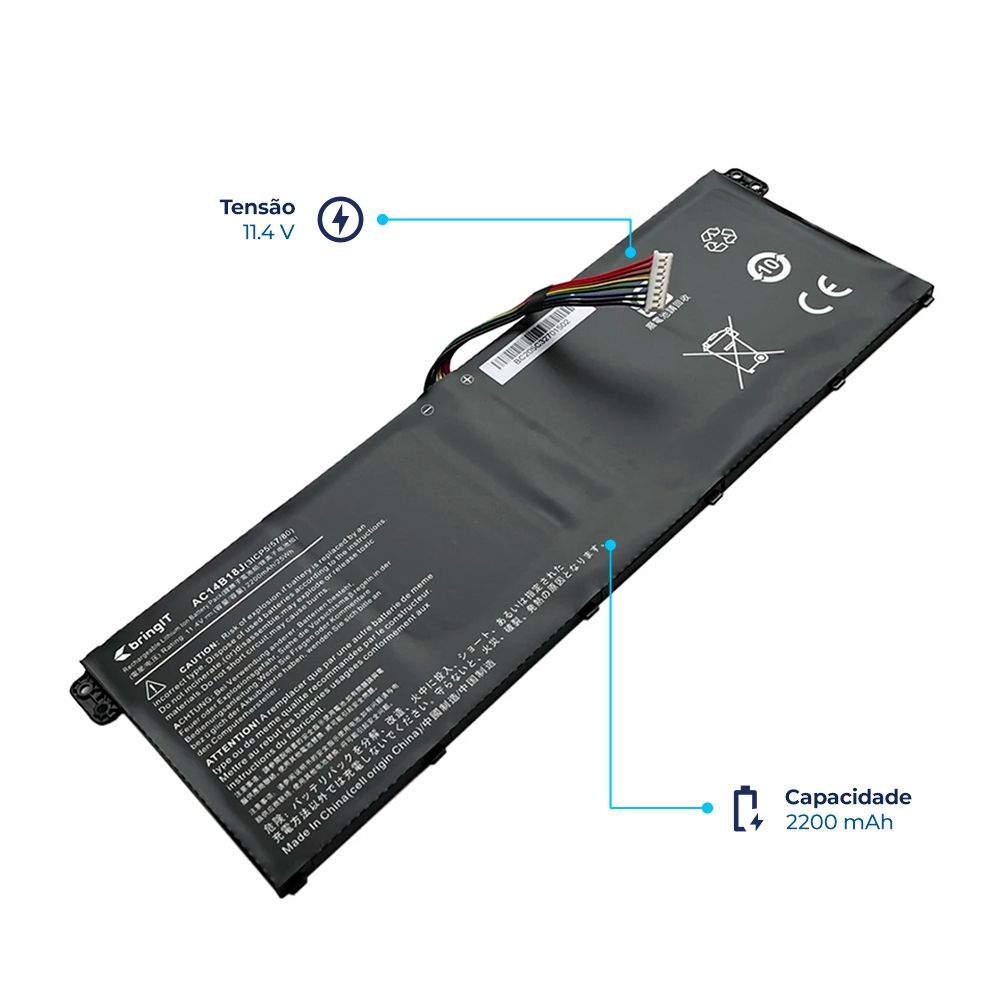 Bateria para Notebook compatível com o Acer Aspire ES1-572-51NJ, 11.4 V 2200 mAh, com recarga inteligente e 12 meses de garantia.