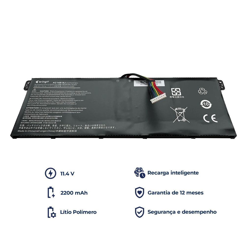 Bateria para Notebook compatível com o Acer Aspire ES1-533-N16C1, 11.4 V 2200 mAh, com recarga inteligente e 12 meses de garantia.