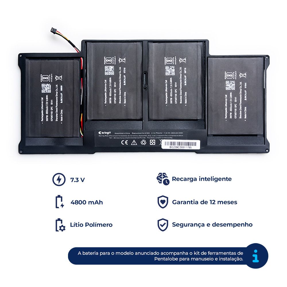 Bateria para Notebook compatível com o Apple Macbook A1405, 7.3 V 4800 mAh, com recarga inteligente e 12 meses de garantia.