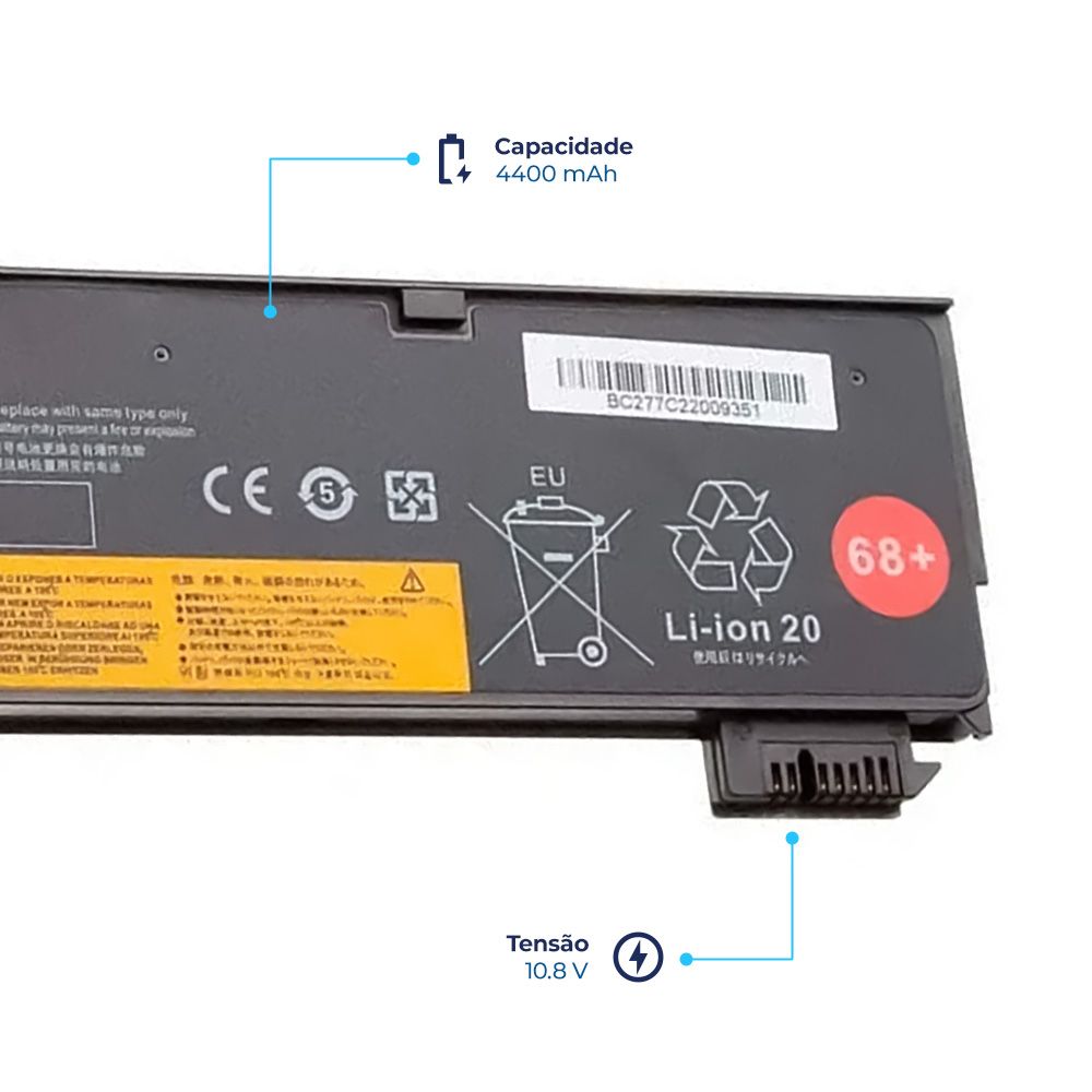 Bateria para Notebook compatível com o Lenovo ThinkPad T440S, 10.8 V 4400 mAh, com recarga inteligente e 12 meses de garantia.