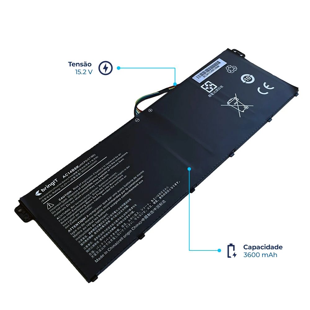 Bateria para Notebook compatível com o Acer Aspire ES1-572-51NJ, 15.2 V 3600 mAh, com recarga inteligente e 12 meses de garantia.