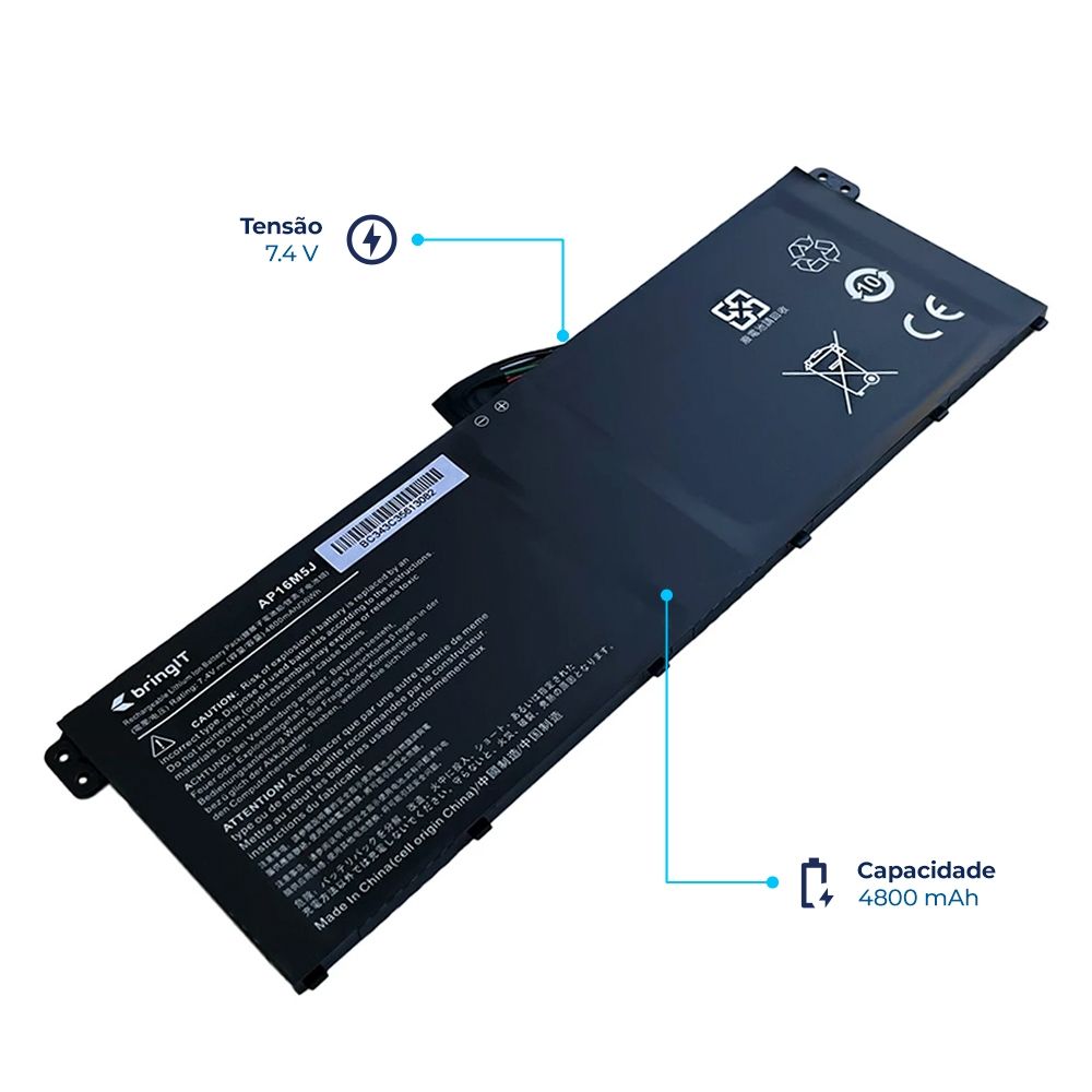 Bateria para Notebook compatível com o Acer Part Number KT.0030G.010, 7.4 V 4800 mAh, com recarga inteligente e 12 meses de garantia.