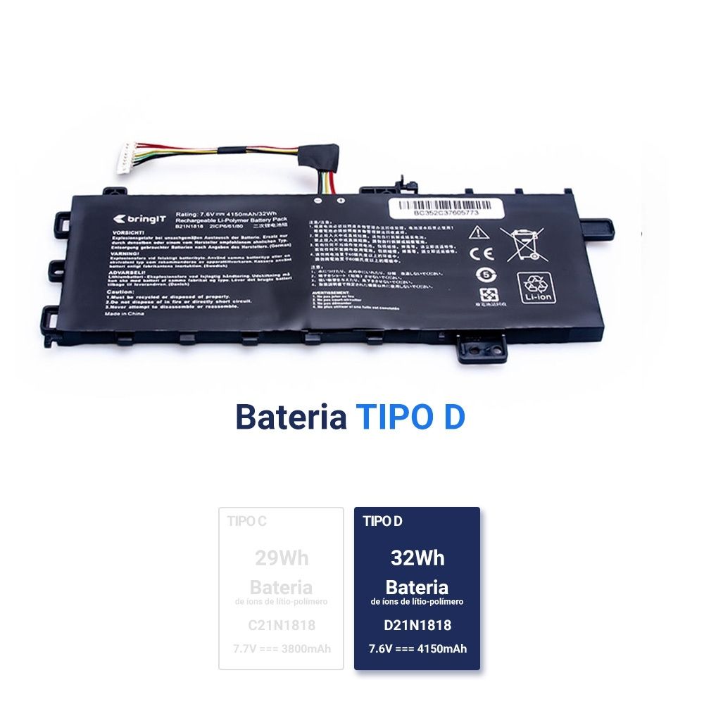 Bateria para Notebook Asus Vivobook F515EA-DH75 7.6 V 4150 mAh com recarga inteligente e 12 meses de garantia