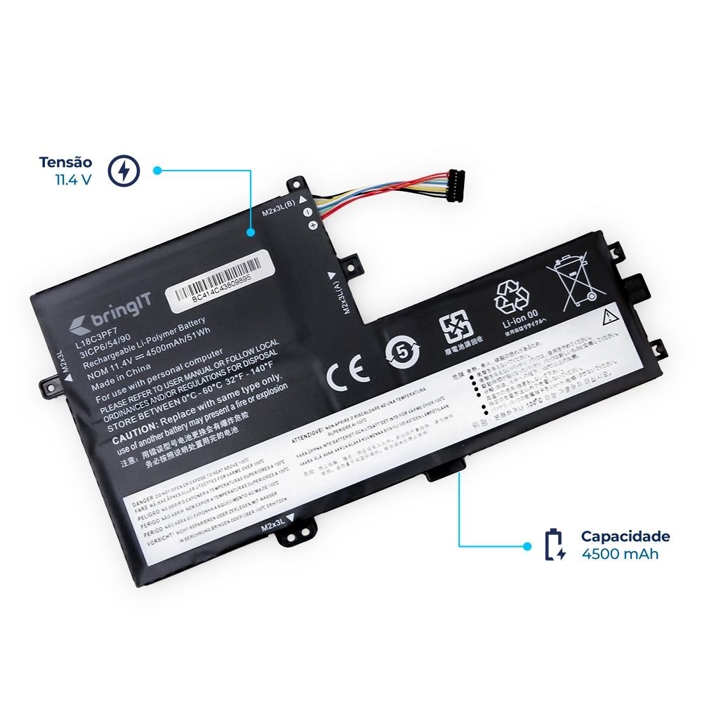 Bateria para Notebook compatível com o Lenovo Ideapad C340-15IML-81TL, 11.4 V 4500 mAh, com recarga inteligente e 12 meses de garantia.