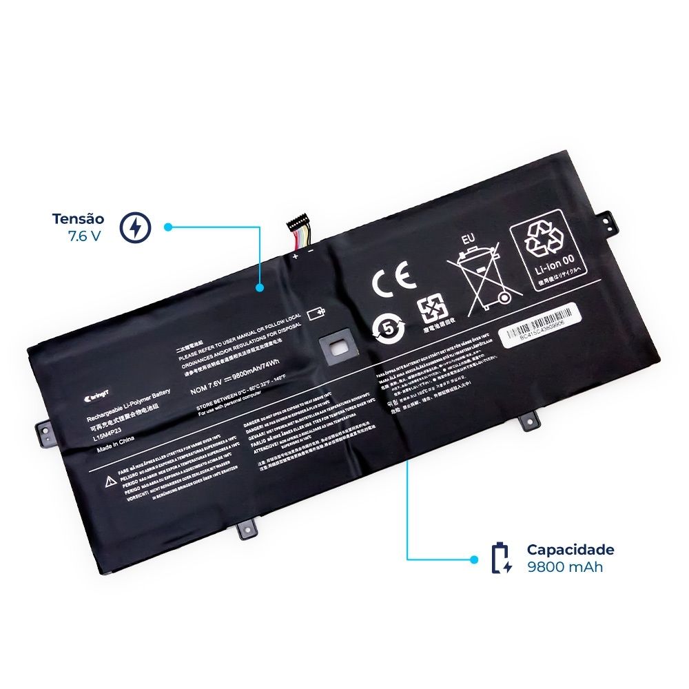 Bateria para Notebook compatível com o Lenovo Part Number L15M4P21, 7.6 V 9800 mAh, com recarga inteligente e 12 meses de garantia.