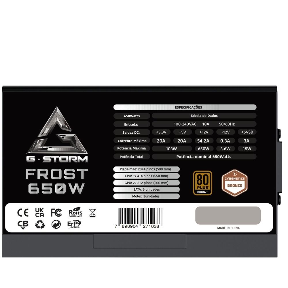 Fonte de Alimentação GStorm Frost ATX 3.1 650W Cybenetics Bronze