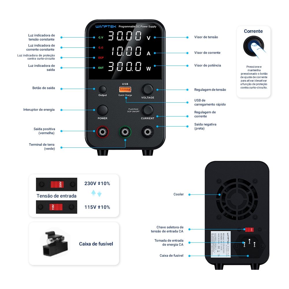 Fonte de Bancada Wanptek WPS3010H 30V 10A 300W