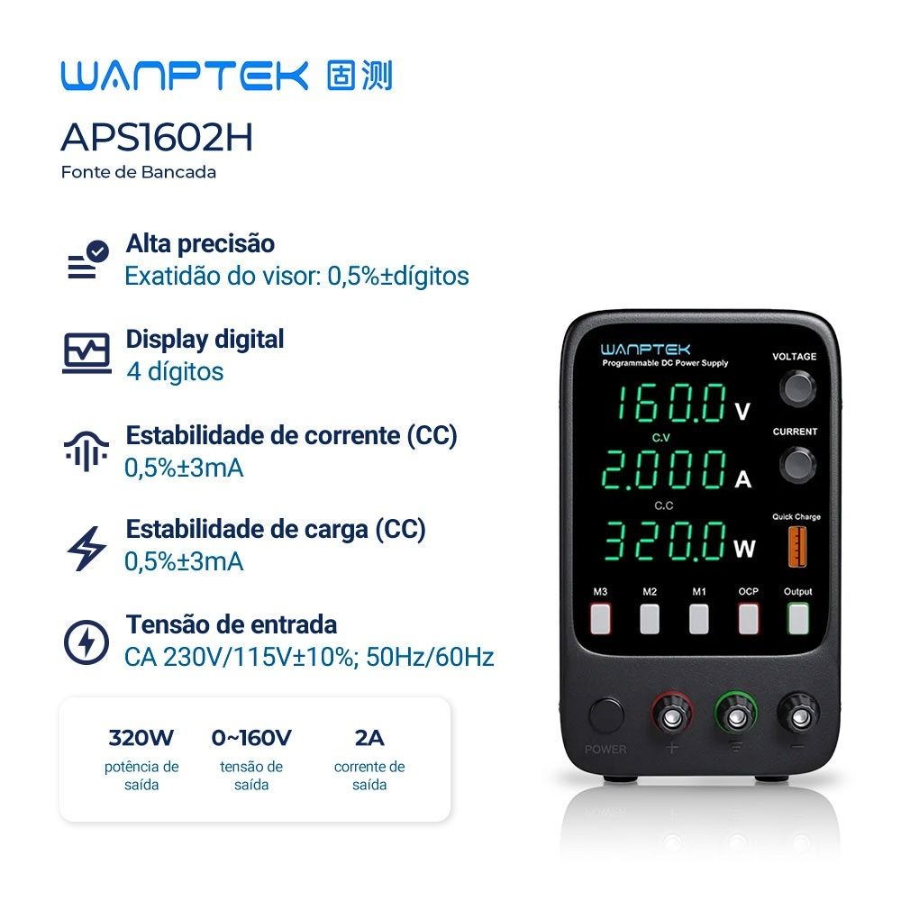 Fonte de Bancada Wanptek APS1602H 160V 2A 320W