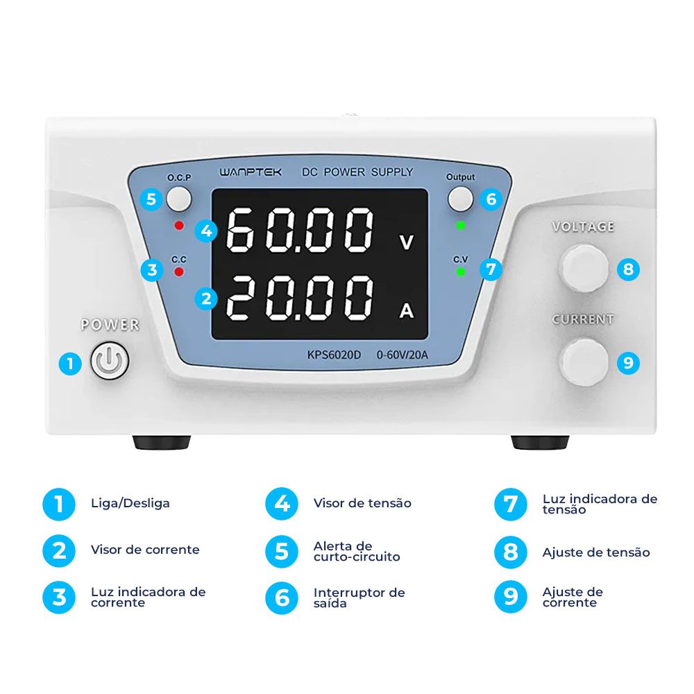 Fonte de Bancada Wanptek KPS6020D 60V 20A 1200W