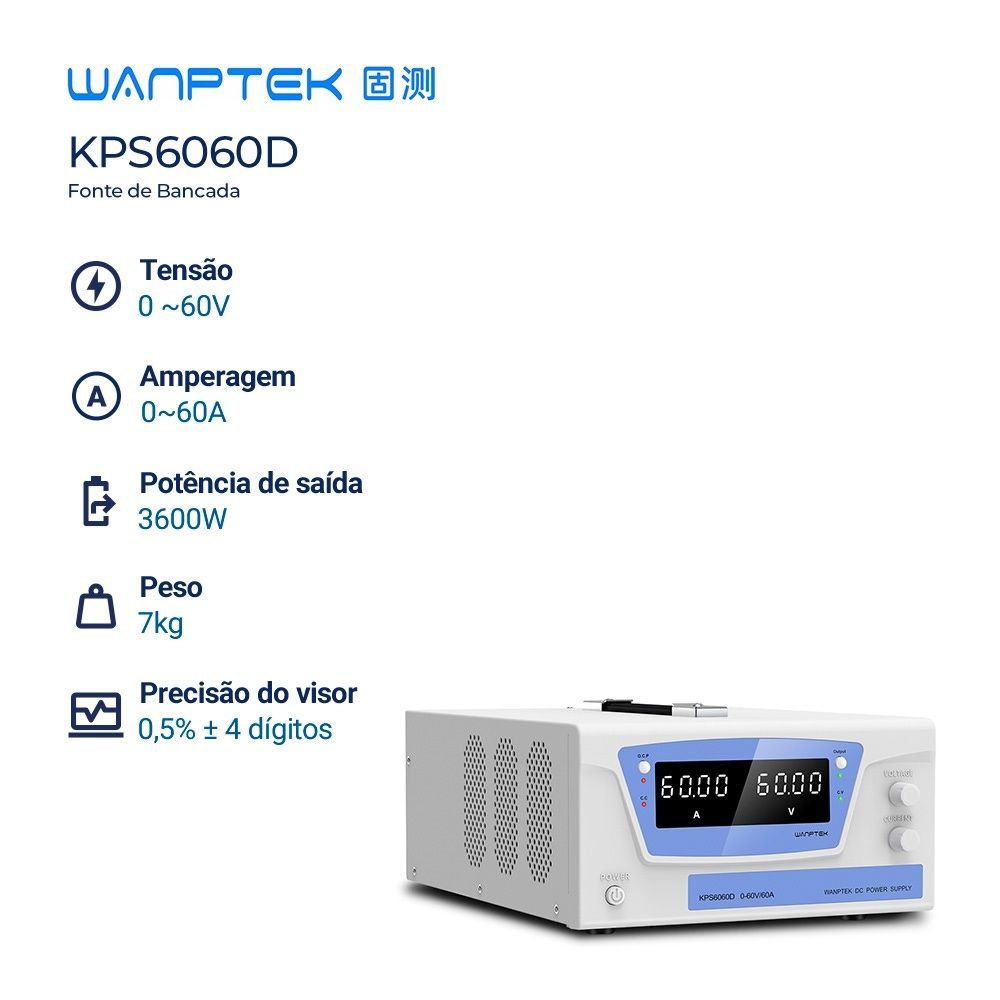 Fonte de Bancada 60V 60A 3600W Wanptek KPS6060D Digital Profissional Ajustável Alta Potência