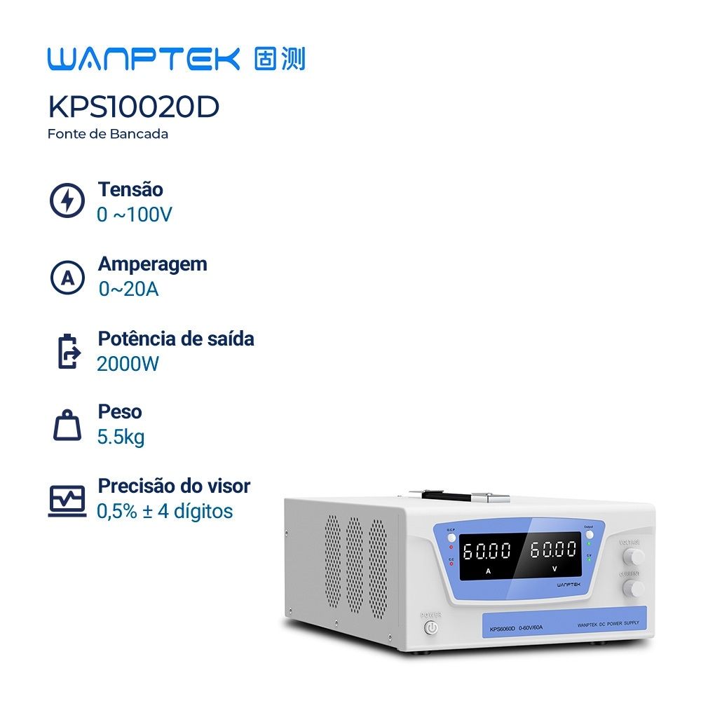 Fonte de Bancada 100V 20A 2000W Wanptek KPS10020D Digital Profissional Ajustável Alta Potência