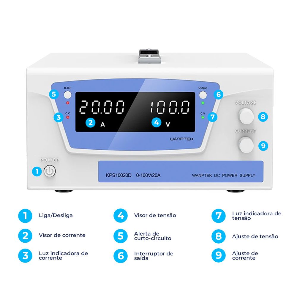 Fonte de Bancada 100V 20A 2000W Wanptek KPS10020D Digital Profissional Ajustável Alta Potência