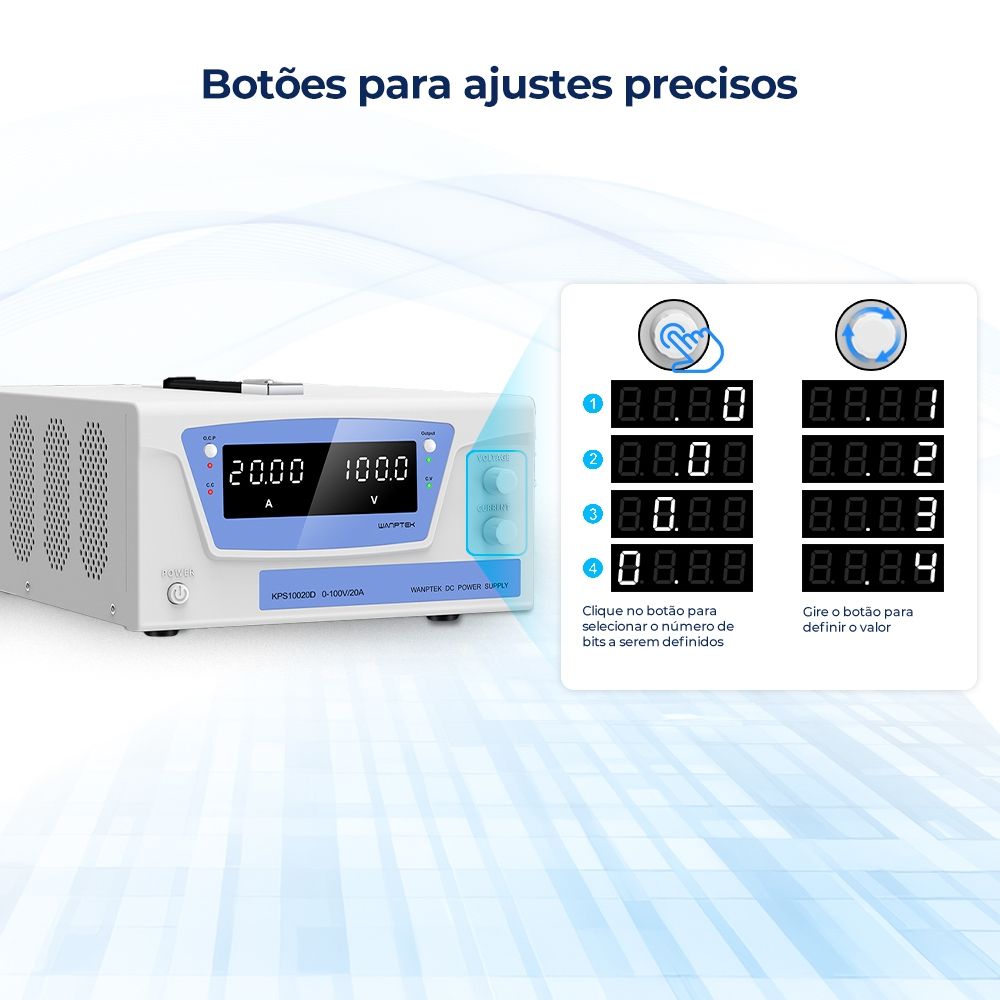 Fonte de Bancada 100V 20A 2000W Wanptek KPS10020D Digital Profissional Ajustável Alta Potência
