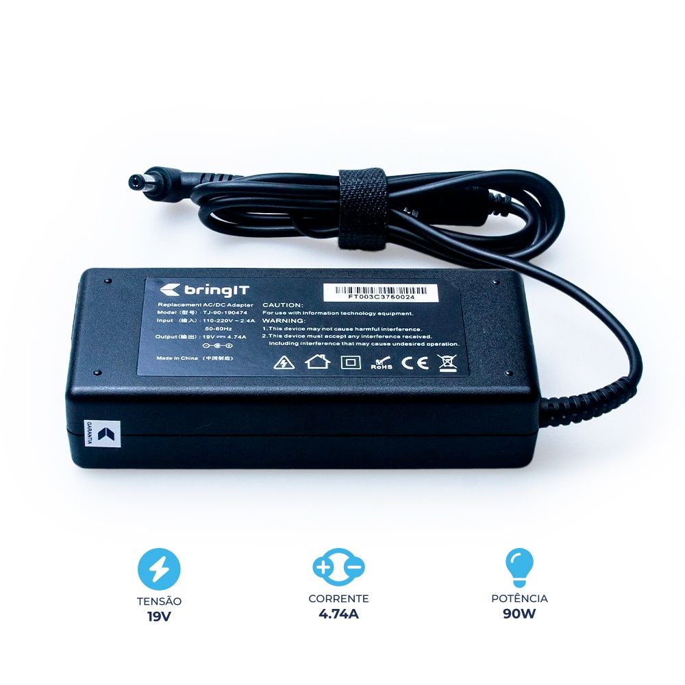 Fonte Carregador para notebook Positivo Sim 5450, 19 V 4.74 A 90 W 5.5 mm x 1.7 mm, proteção reforçada e garantia de 36 meses.