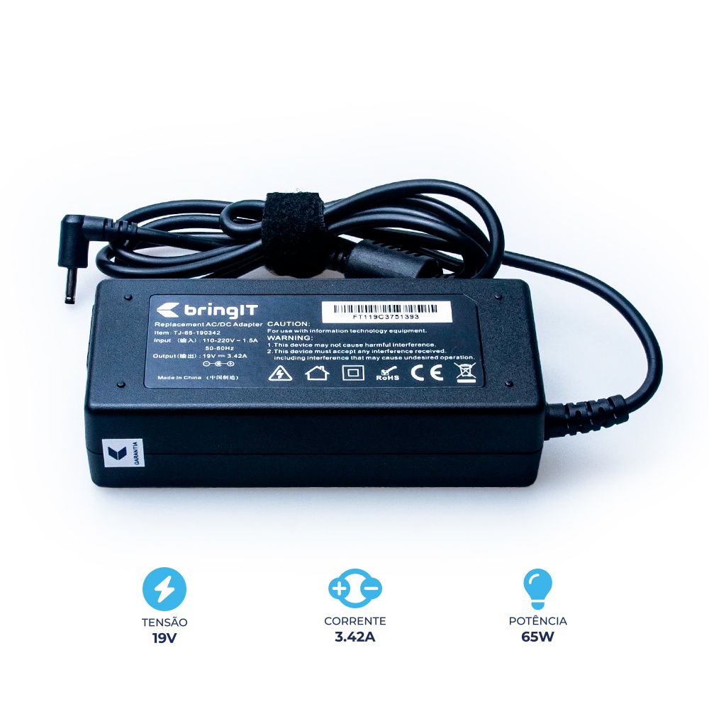 Fonte Carregador para Notebook Acer Aspire 5 A515-54 19V 3.42A 65W 3.0mm x 1.1mm proteção reforçada e garantia de 36 meses