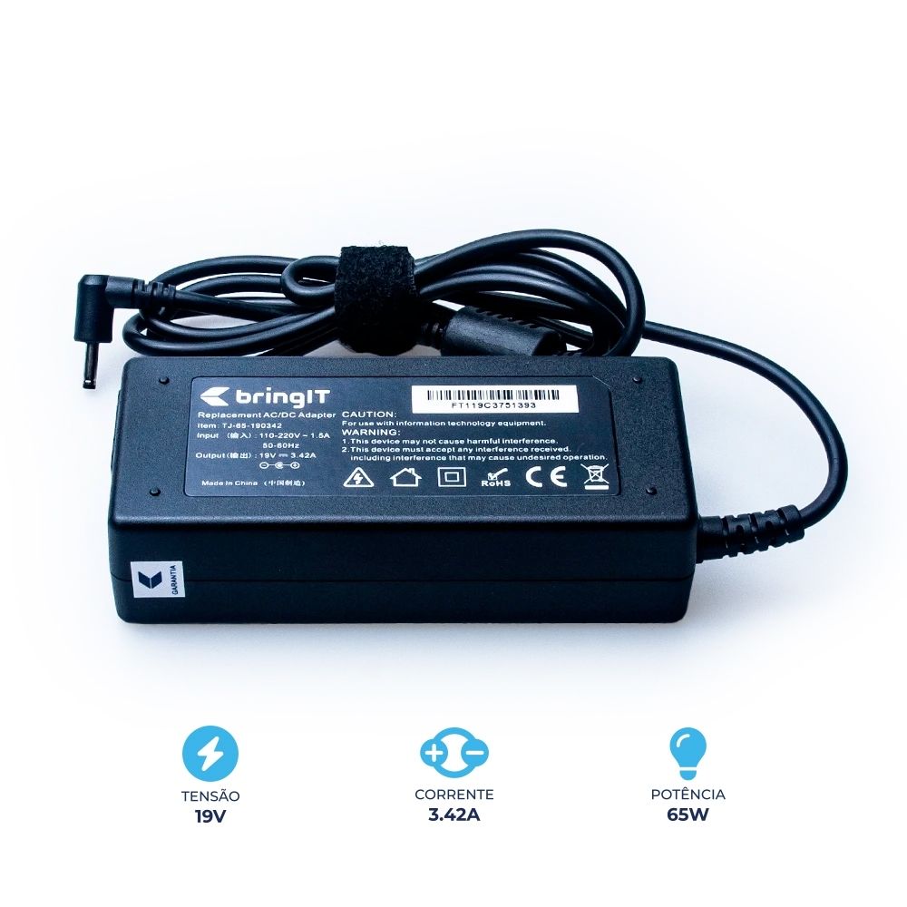 Fonte Carregador para notebook Samsung Expert NP350XAA-XD1BR, 19 V 3.42 A 65 W 3.0 mm 1.1 mm, proteção reforçada e garantia de 36 meses.