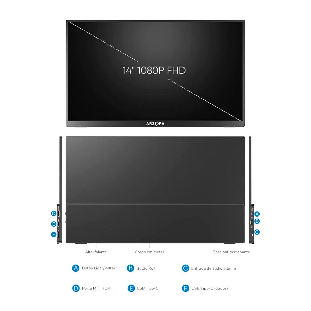 Monitor Portátil Arzopa A1 Gamut 14" FHD 1080P 60Hz