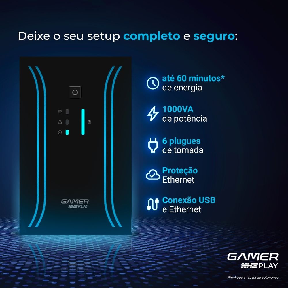 Nobreak NHS Gamer Play Senoidal 91.G0.010000 Entrada Bivolt Saída 120V (2bat.7Ah/Prot.Eth/USB)