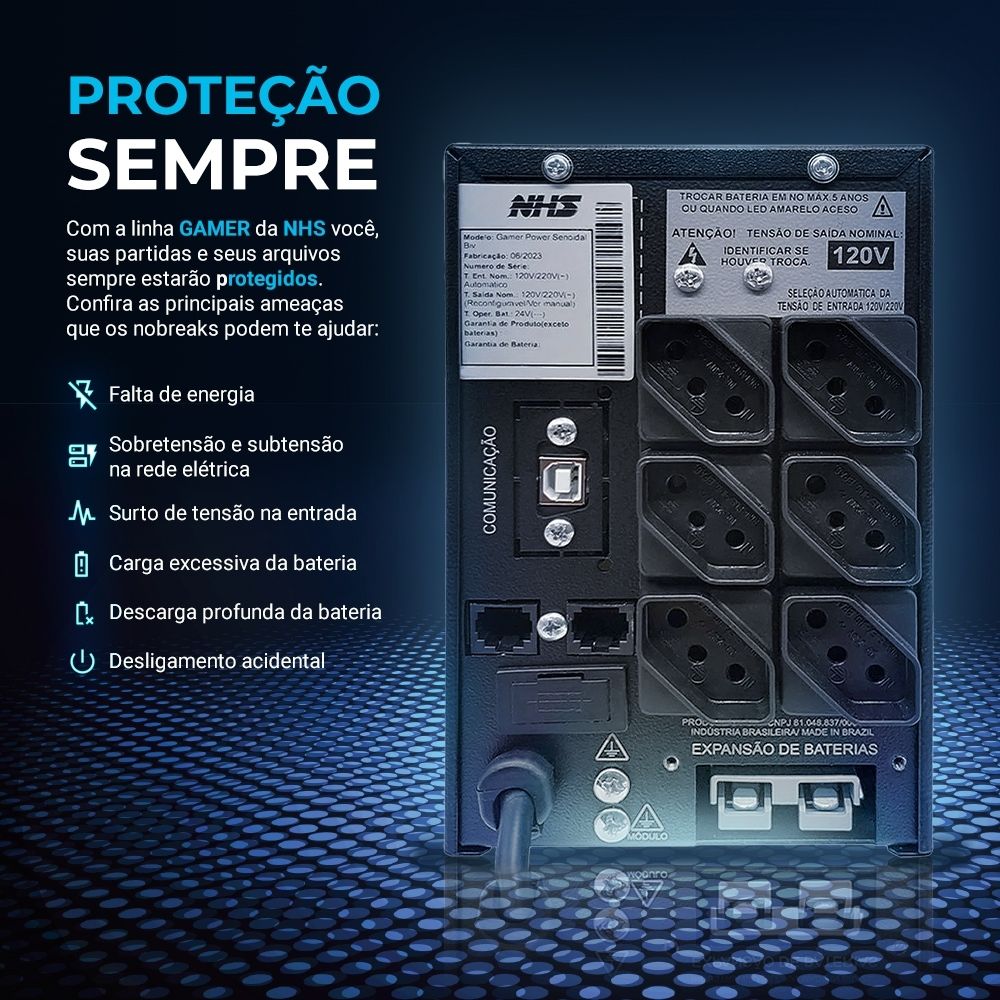 Nobreak NHS Gamer Power Senoidal 91.G0.014000 Entrada Bivolt Saída 120V (2bat.9Ah/Prot.Eth/USB)