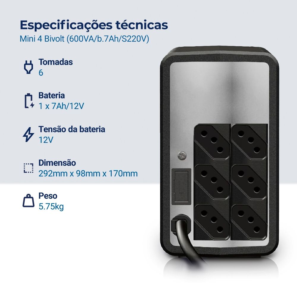 Nobreak NHS Mini 4 90.A1.006101 Entrada Bivolt Saída 220V (600VA/b.7Ah)
