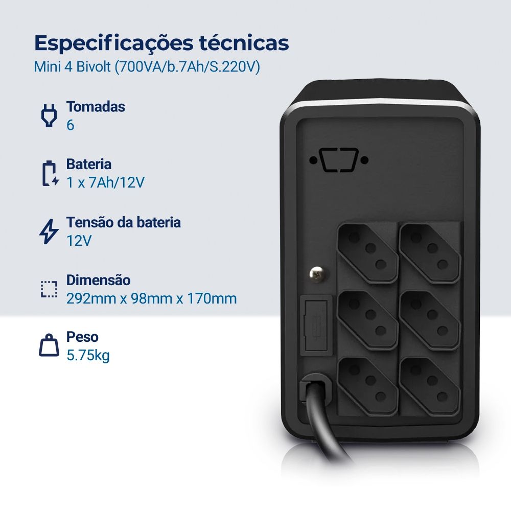 Nobreak NHS Mini 4 90.B1.007101 Entrada Bivolt Saída 220V (700VA/b.7Ah)