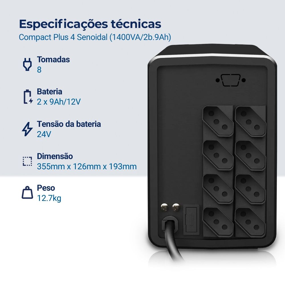 Nobreak NHS Compact Plus 4 Senoidal 91.B0.A01400 Entrada Bivolt Saída 120V (1400VA/2b.9Ah)
