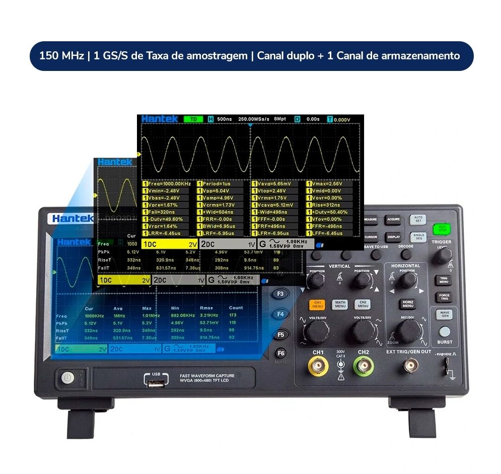 Osciloscópio Digital Hantek DSO2D15 150MHz 1GS/s 2 Canais 8Mpts