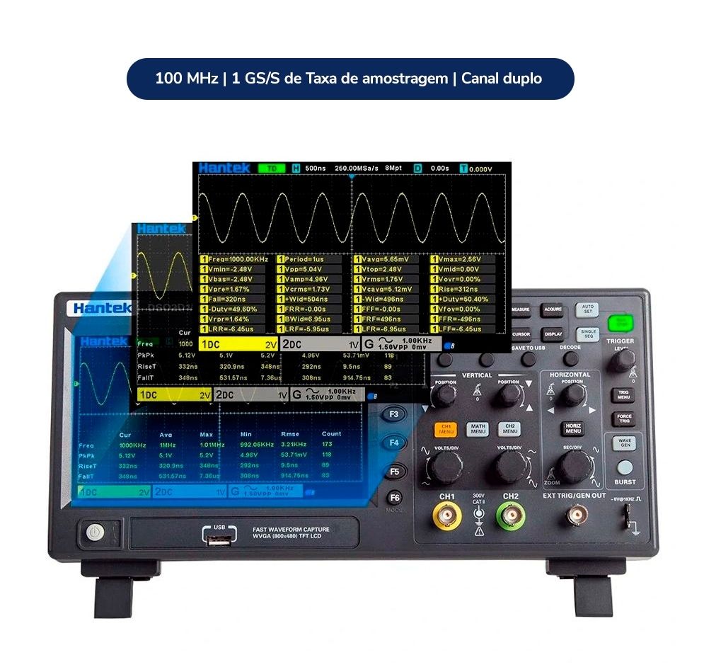 Osciloscópio Digital Hantek DSO2C10 100MHz 2 Canais 1GS/s 8Mpts