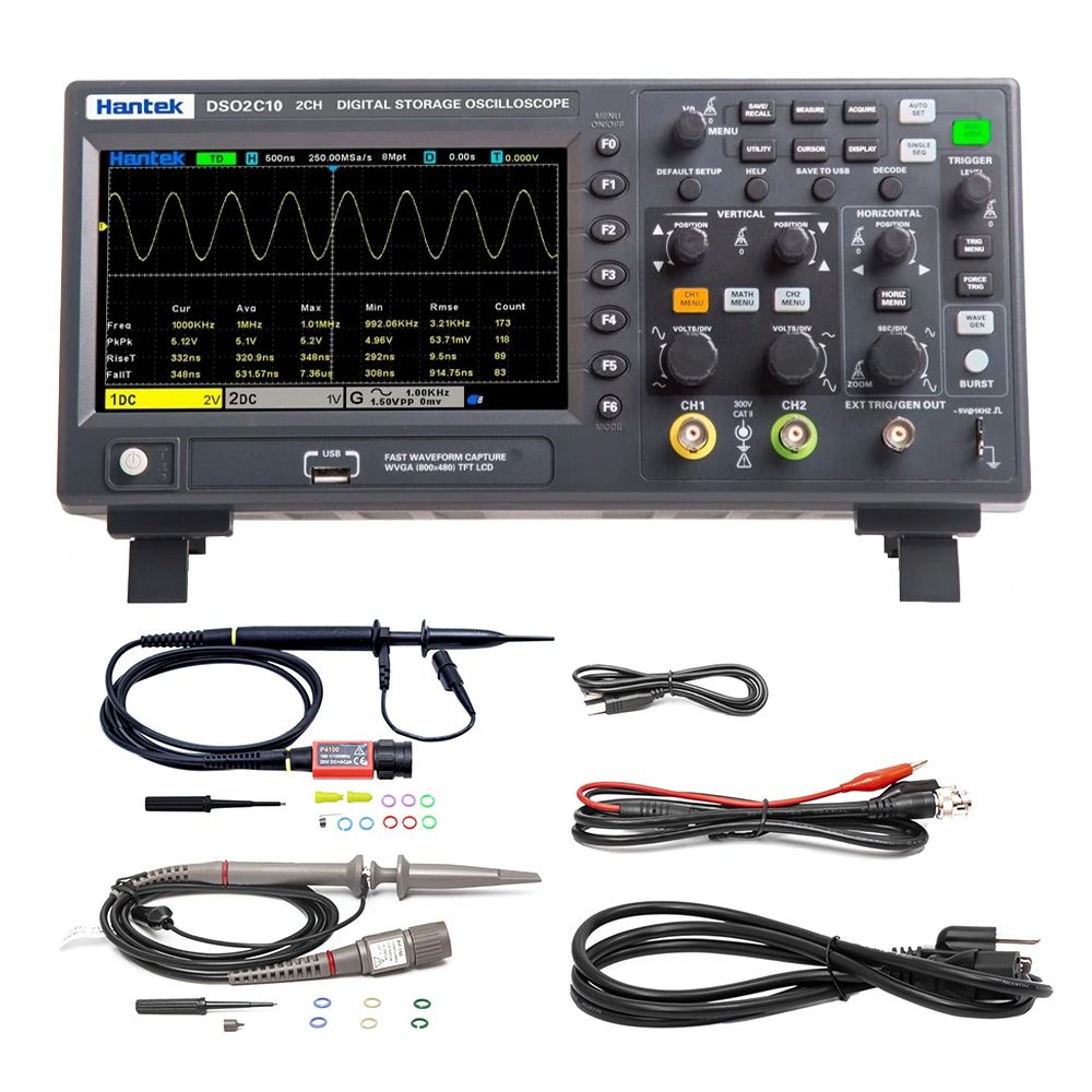 Osciloscópio Digital Hantek DSO2C10 de alta precisão com interfaces de diagnóstico com cabos USB e acessórios