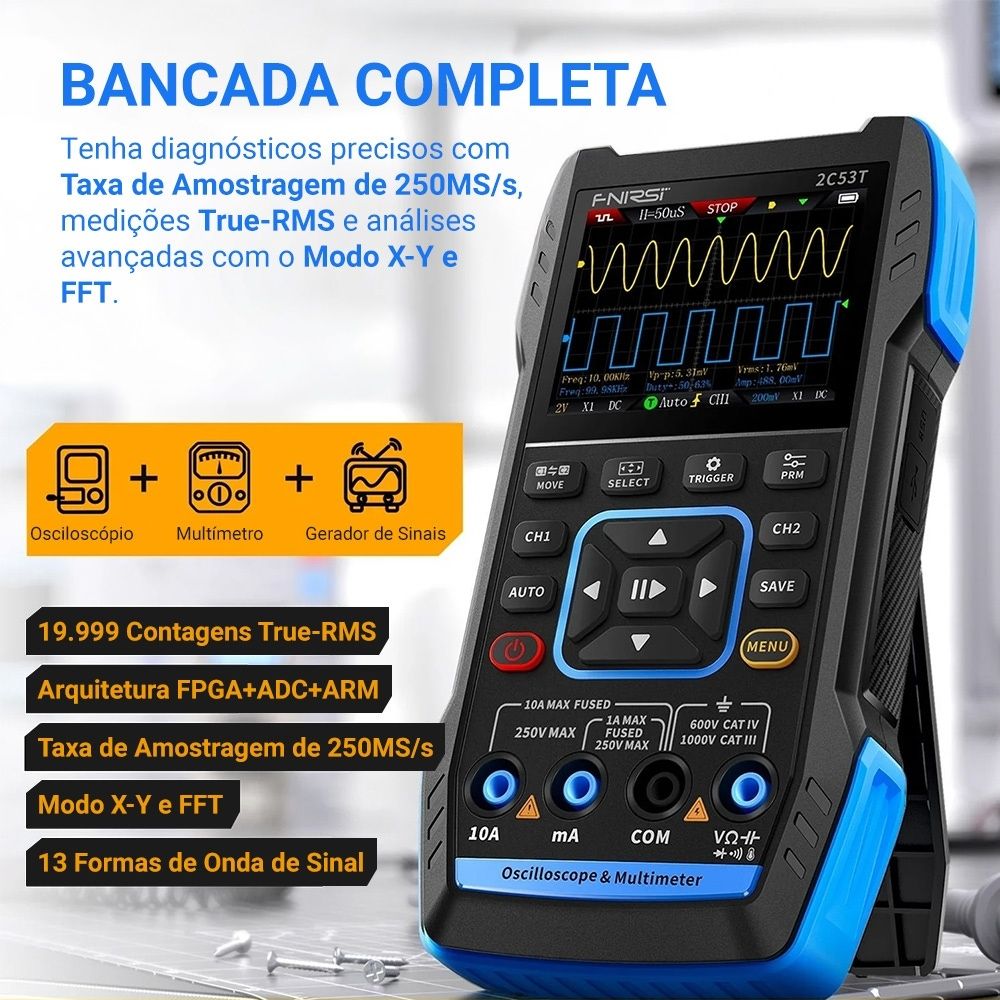Osciloscópio Multímetro Gerador de Sinais 3 em 1 FNIRSI 2C53T 50MHz