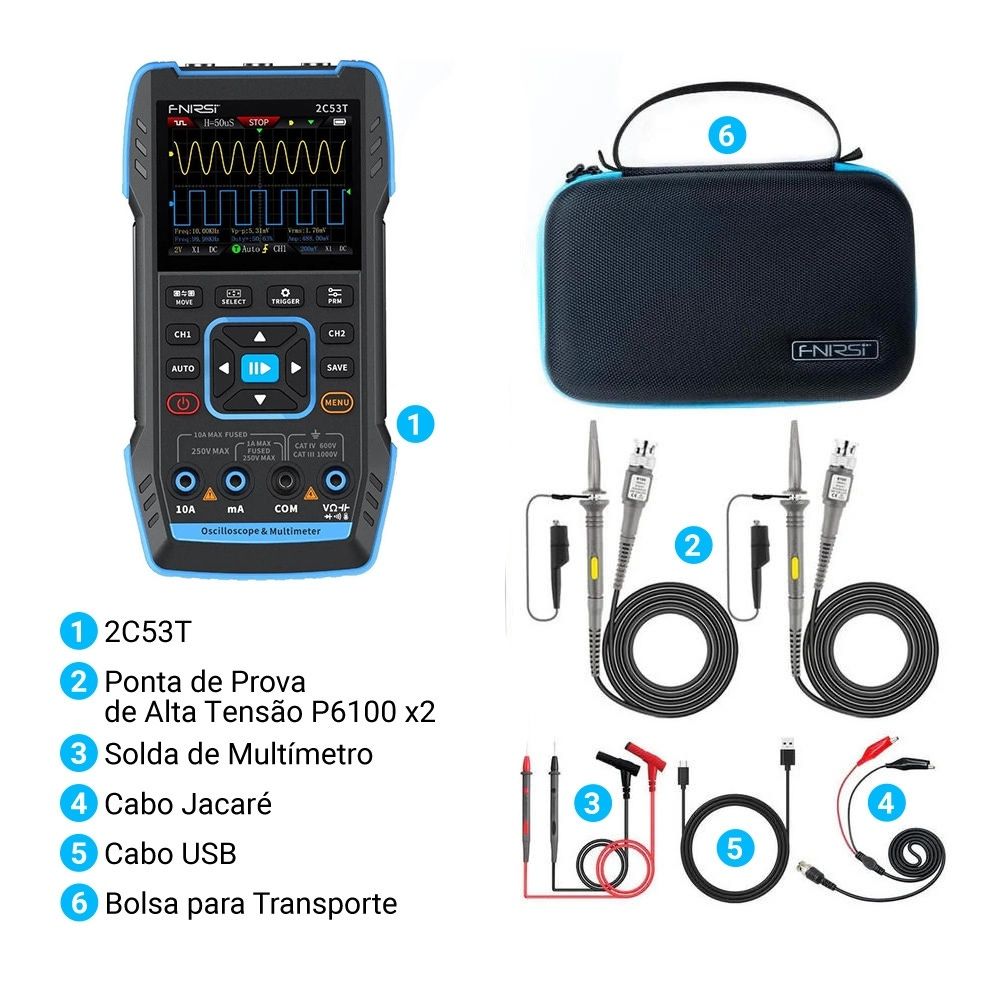 Osciloscópio Multímetro Gerador de Sinais 3 em 1 FNIRSI 2C53T 50MHz