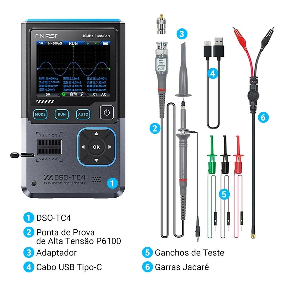 Mini Osciloscópio Digital 3 em 1 com Teste de Componentes FNIRSI DSO-TC4