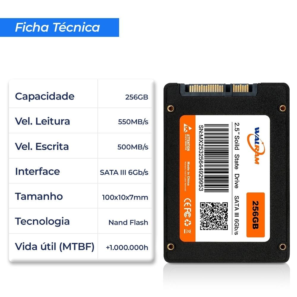 SSD Walram 256GB SATA III Leitura 500 MB/S Gravação 450 MB/S