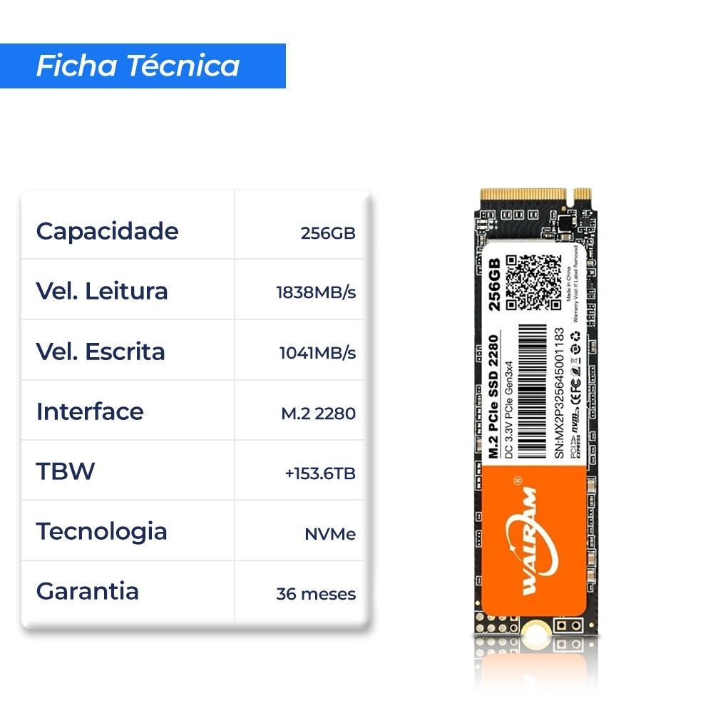 SSD Walram 256GB M.2 NVME 3.0 Leitura 1838MB/s Gravação 1041MB/s