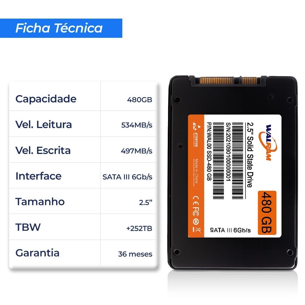 SSD Walram 480GB SATA III Leitura 534MB/s Gravação 497MB/s