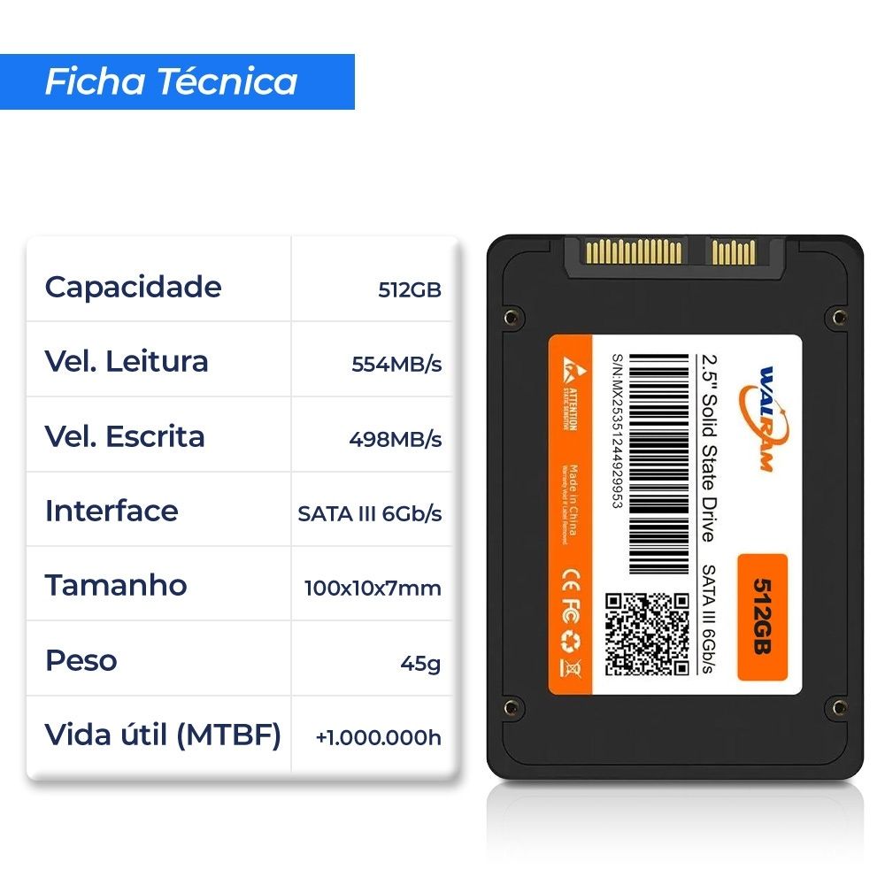 SSD Walram 512GB SATA III Leitura 554MB/s Gravação 498MB/s