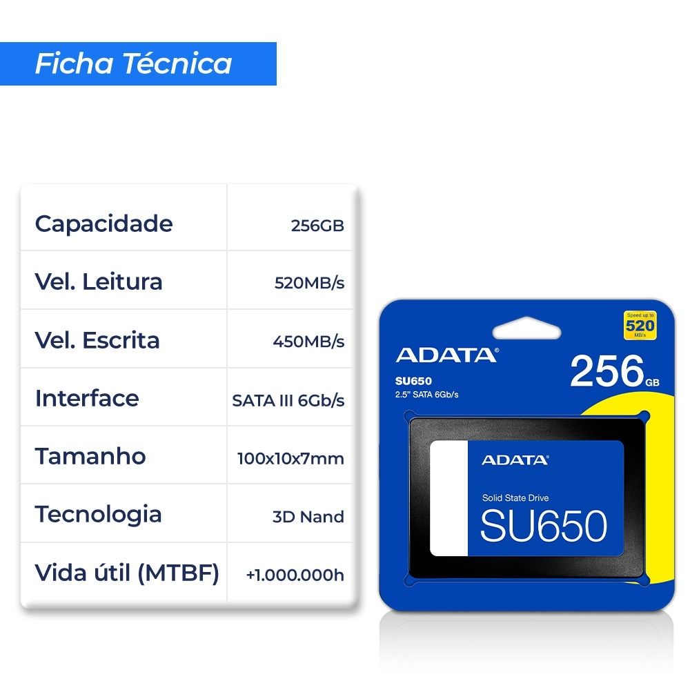 SSD Adata 256GB SATA III Leitura 520MB/s Gravação 450MB/s ASU650SS-256GT-R