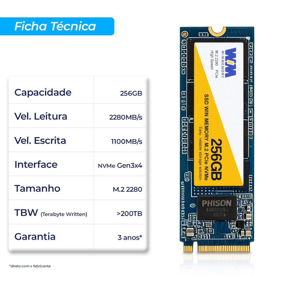 SSD Winmemory 256GB M.2 NVMe PCIE Leitura 2280MB/s Gravação 1100MB/s SWG256G-N12H