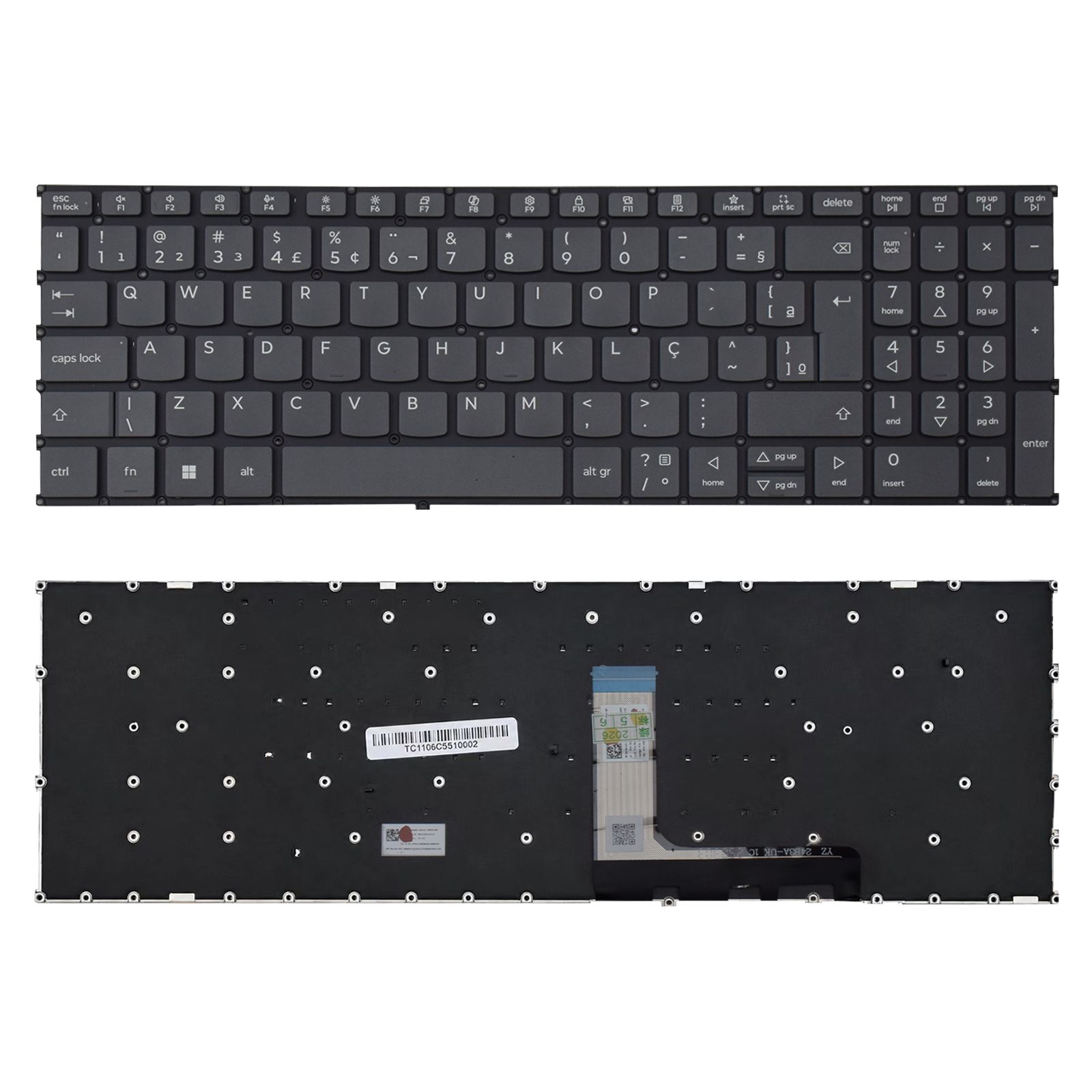 Teclado para Notebook Lenovo Ideapad Slim 3 15ARP10 Sem Iluminação ABNT2 Cinza