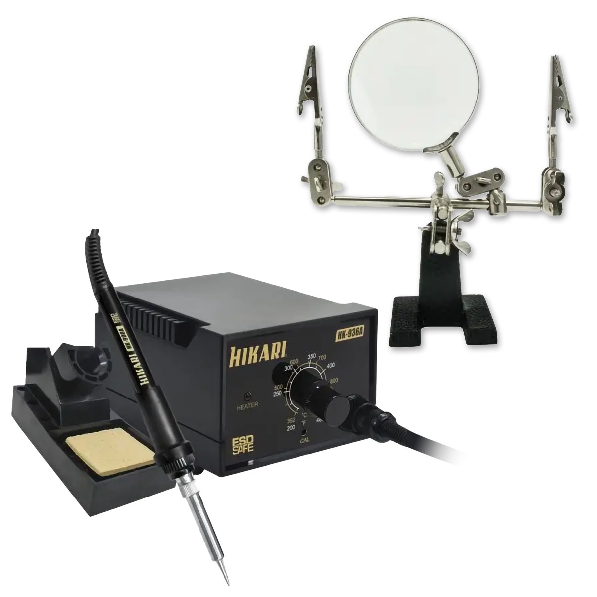 Kit com Estação de Solda Analógica ESD Hikari HK-936A 127V + Lupa com Suporte e Pinça Hikari HL-S10