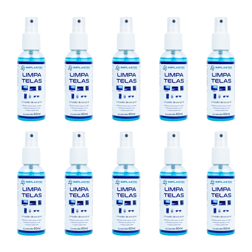 Kit com 10 unidades do Limpa telas Clean com flanela Implastec 60ml