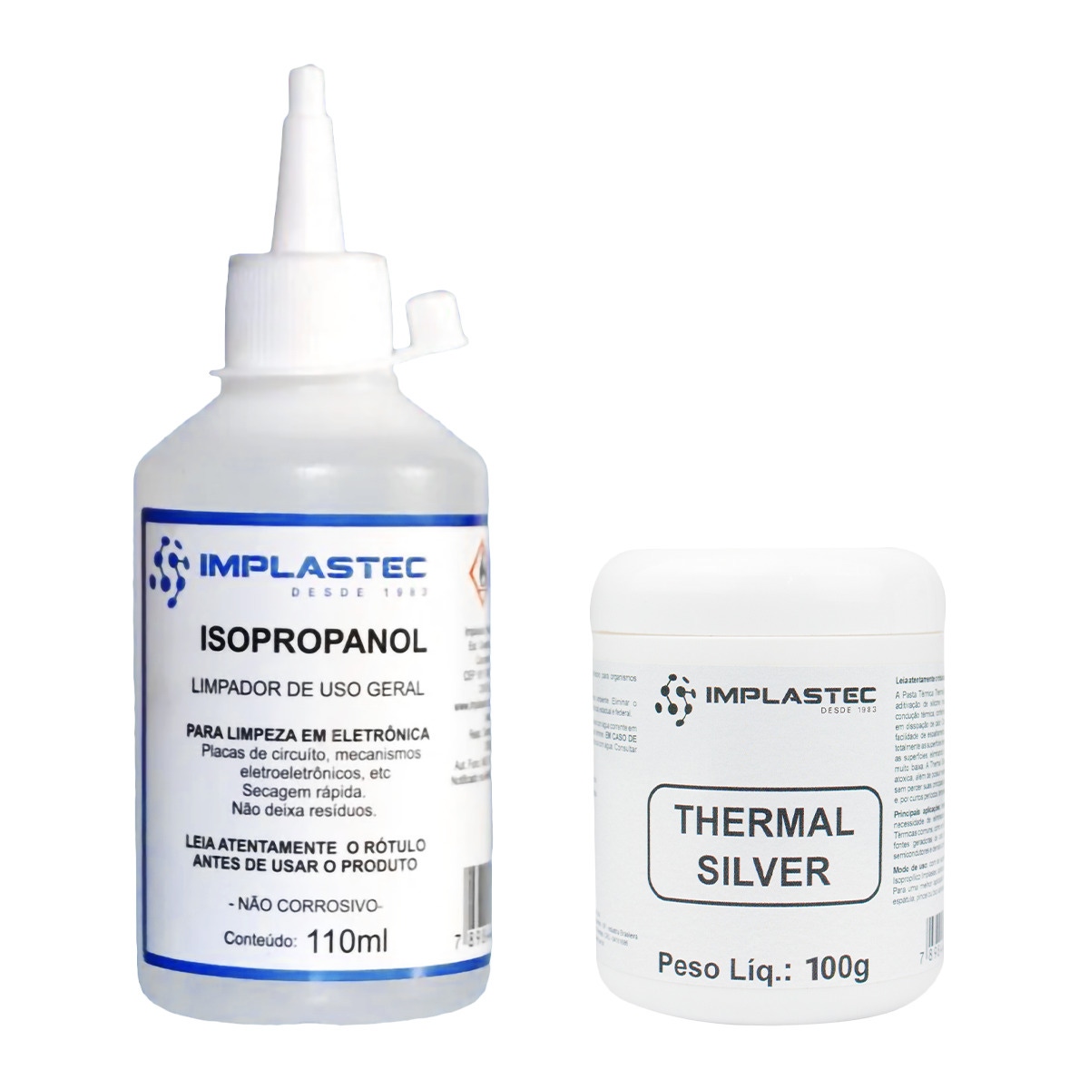 Kit com Pasta Térmica Thermal Silver Implastec 100g + Álcool Isopropílico Implastec 110 ml