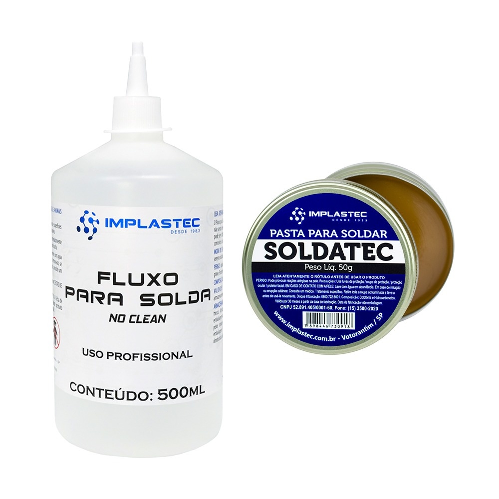 Kit com Pasta de Solda Soldatec Implastec 50g + Fluxo de Solda Líquido Implastec 500ML